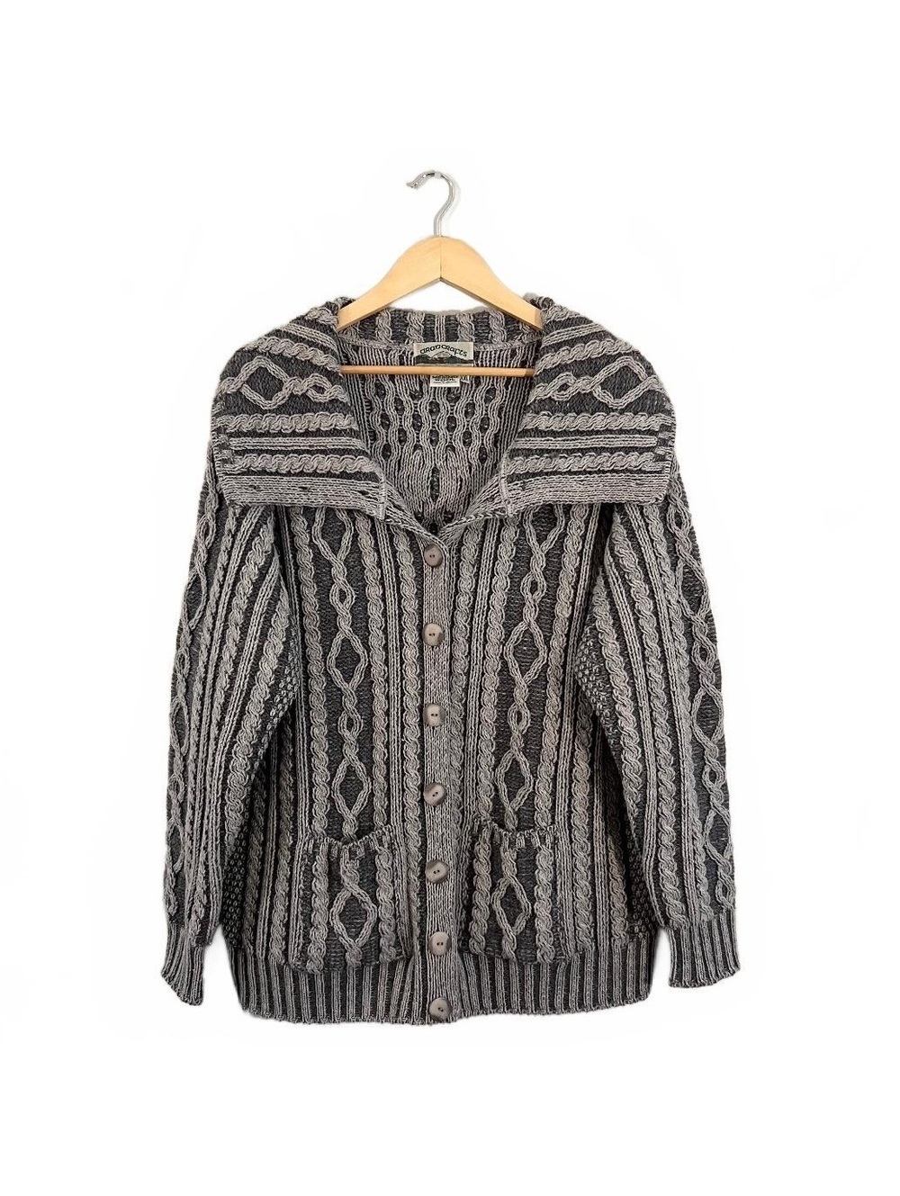 Aran Crafts Gray Merino Wool Cable Knit Foldover Collar Cardigan preppy winter